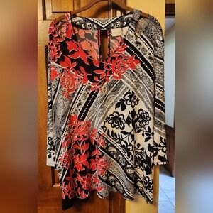 Chico'sRed Black & White V Neck Floral Pullover 3/4 Sleeve Travelers Knit size 3